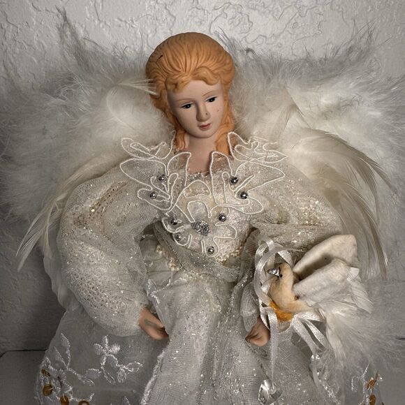Angel Tree Topper Christmas White‎ with Beads Tulle Feathers 12 In - Picture 2 of 11